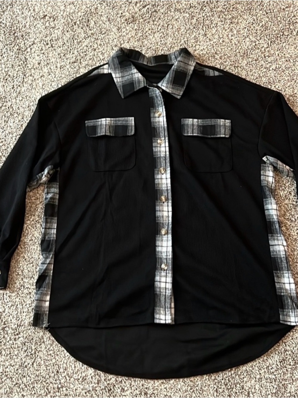 Women’s  Black Button-down Shirt with Gray Plaid Trim. Size large